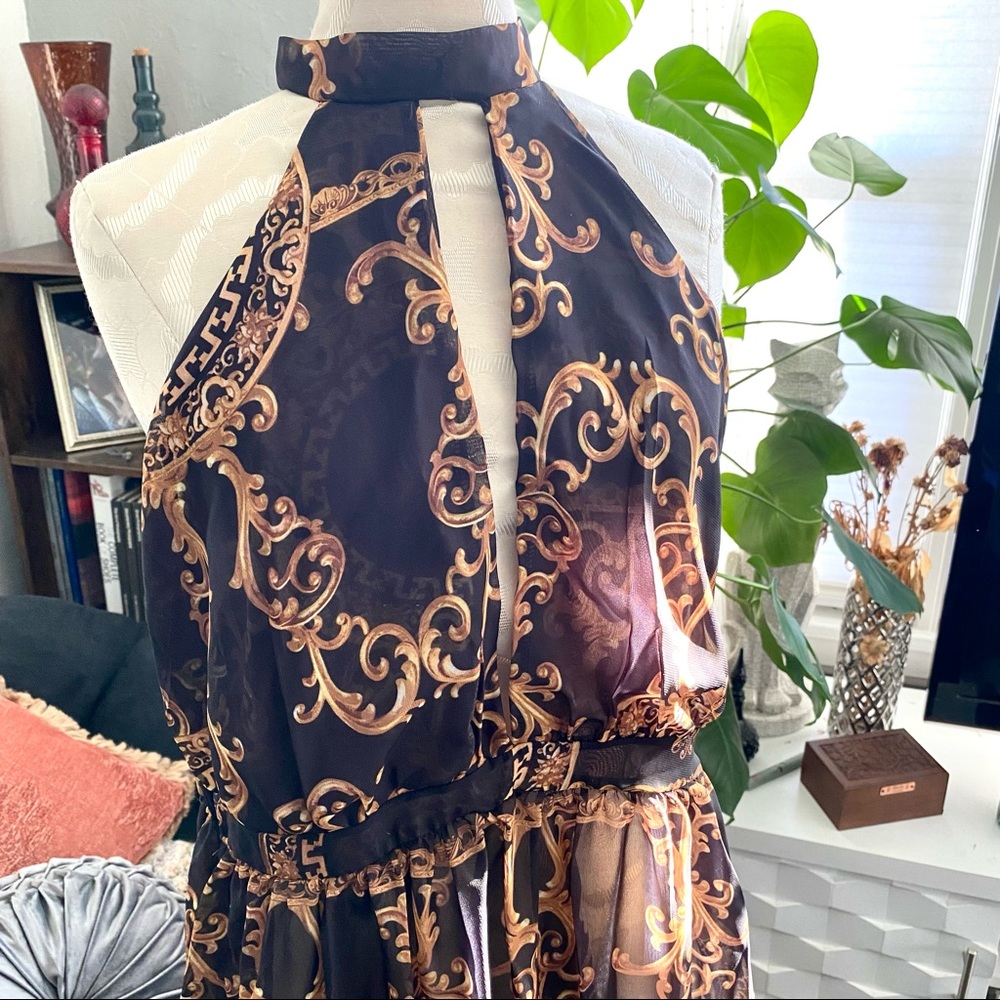 Boohoo Plus Size Black & Tan Jasmin Chain Print Halterneck Sheer Maxi Dress
